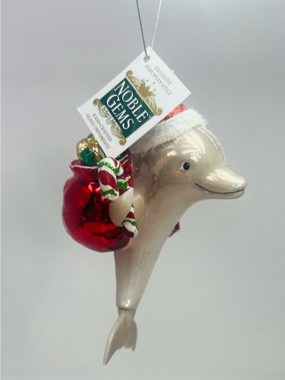 Kurt Adler Nobel Gems Glass Christmas Ornament, Dolphin with Santa Hat Gifts Bag